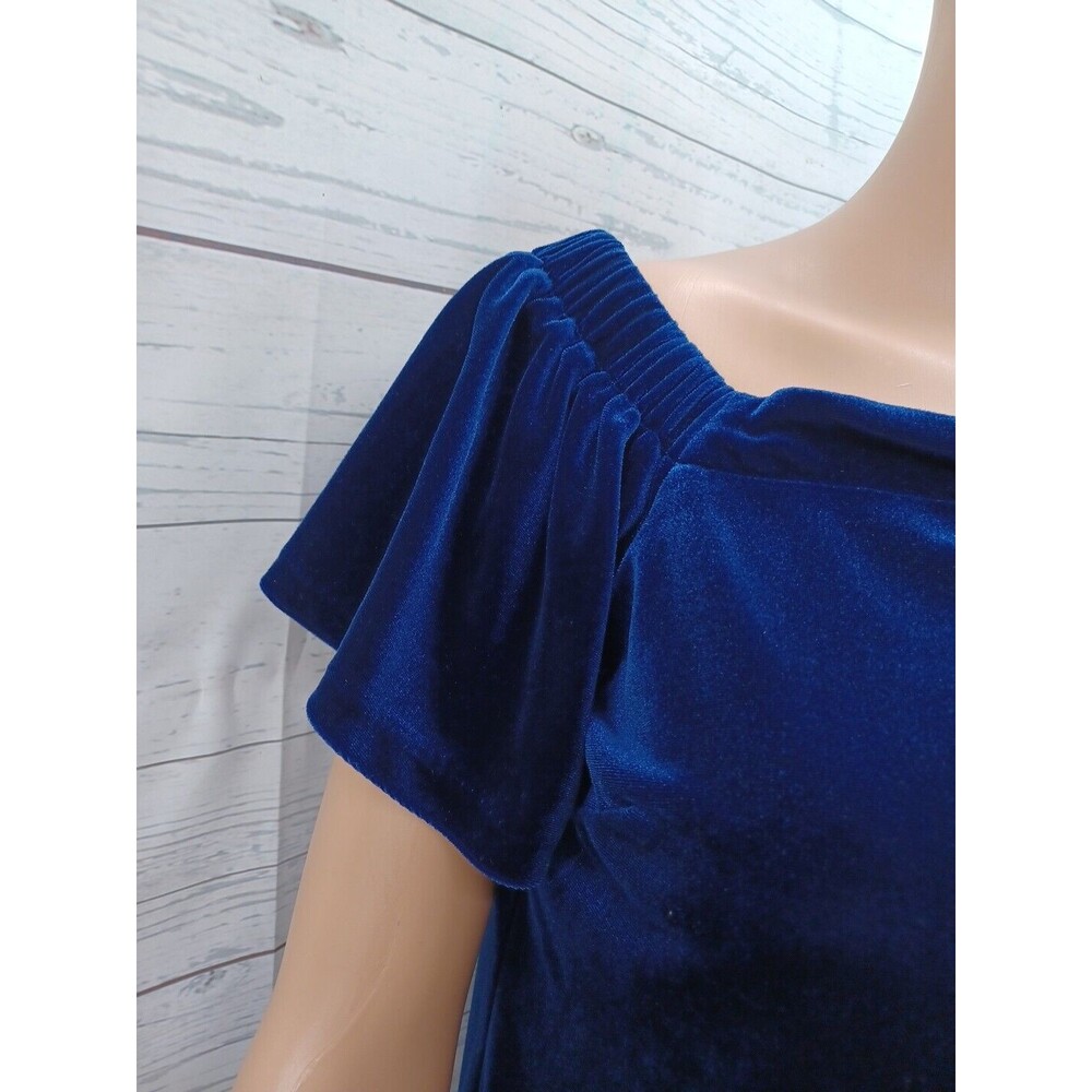 White House Black Market Blue Velvet Velour Short Sleeve Top XS - Picture 2 of 10